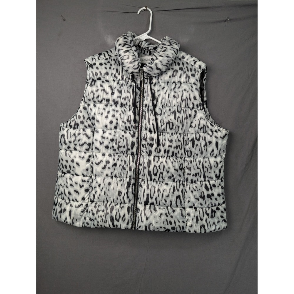 Calvin Klein Womens 2XL Puffer Vest Gray Leopard Print Full Zip